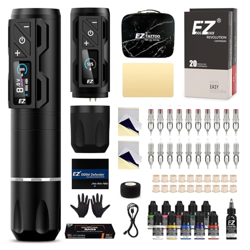 EZ Tattoo Maschinen Set - Tattoo Set mit Kabelloser Tattoo Maschine, 1800mAh Stromversorgung Akku, 20 Stück Tattoo Nadeln and 11 Farben Tinten für Tattoo Anfänger und Künstler (P2S Pro Schwarz)