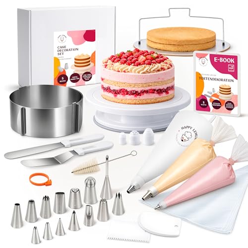 Happy Lemuro Torten Zubehör Set mit Premium-Spritztüllen & Spritzbeutel | Tortenring, drehbare Tortenplatte, Tortenschneider & vielseitiges Backzubehör – Kuchen Zubehör Set für Teenager & Erwachsene
