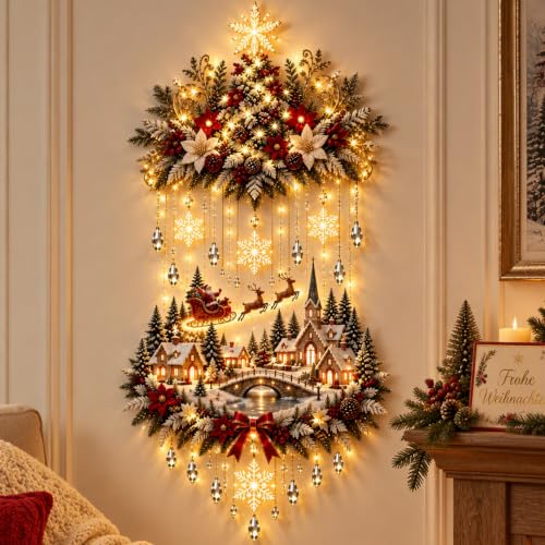 Beleuchteter Dorf-Wandbehang mit Weihnachtsbaum, kaskadenartiges Warmlicht | Wandhängende Weihnachtsdekoration, Schneelandschaft, Rentierschlitten, Schneeflocken, Lichterkette, Innenbereich