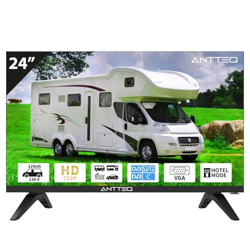 Antteq AE24H5C-Q1 Fernseher 24 Zoll (60 cm) HD LED mit 230V & 12V KFZ-Adapterl, Triple Tuner DVB-C/T2/S2, Hotel Modus, Dolby Audio, VGA, HDMI, USB, SCART & CI+ – Ideal für Wohnmobil, Camping, LKW
