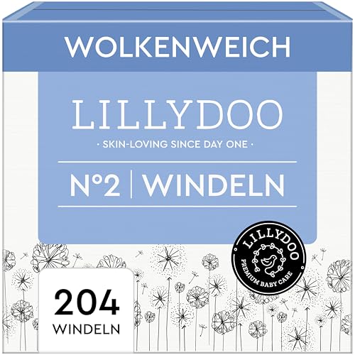 LILLYDOO hautfreundliche Baby Windeln - Größe 2 (4+ kg), Monatsbox (204 Stück), Sicherer Auslaufschutz, Weich, Ohne Parfüme & Lotionen für empfindliche Haut, Dermatologisch getestet