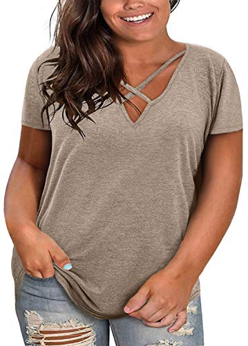 Fisoew Große Größen T Shirt Damen Bluse V Ausschnitt Plus Size Tops Oversize Sommer Oberteile Shirts Tunika.Khaki 5XL