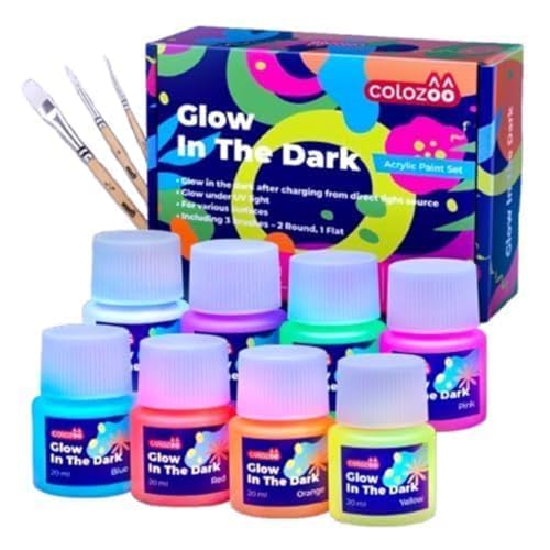 colozoo Glow in the Dark Acryl Farben Set | 8x20ml Fluoreszierende Farbe + 3 Pinsel | Die Nachtleuchtend Acrylfarben sind Dauerhaft auf jede Oberflächen