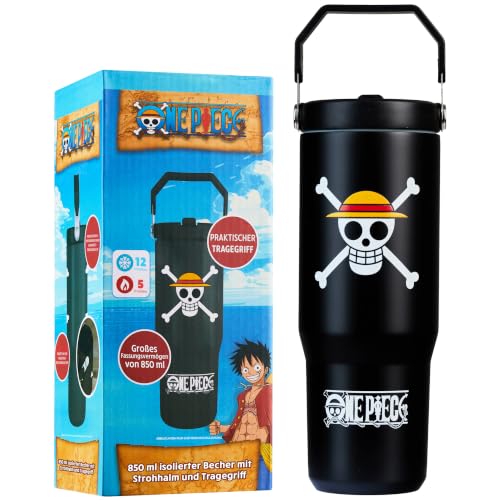 Get Trend One Piece Thermobecher Edelstahl 850ml, Isolierter Trinkbecher mit Strohhalm & Henkel, Auslaufsicher Trinkflasche, Heiß- & Kaltgetränke (Schwarz One Piece)