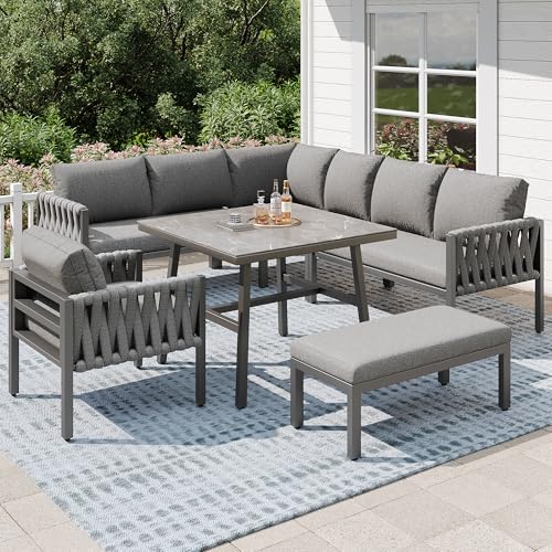 Merax Gartenmöbel Set 8-9 Personen, Sitzgruppe Gartenlounge Set mit Kissen & Tisch, Outdoor Ecksofa-Set aus verzinktem Eisen, handgeflochten dickem Seil, Essgruppe für Garten Balkon Terrasse, Grau