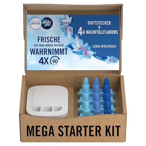 Febreze Programmierbarer Lufterfrischer 3Volution Duftstecker Starter-Kit + 4x Nachfüllflakons Aprilfrisch, Elektrischer Raumduft mit 3 Wechselnden Düftne Zum Bekämpfen Von Gerüchen