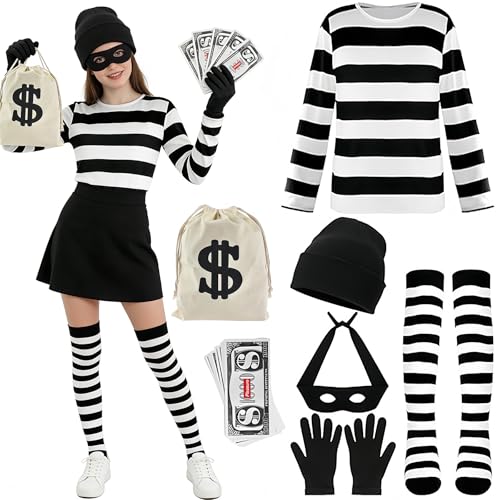 ZeiLaBang Kakadi Kostüm Dieb,Kostümset für Räuber für Erwachsene,Karneval Kostüm,Pantomime kostüm,Sträfling Kostüm Damen,Taschen und Augenmaske,Banknoten,Hut,Handschuhe für Karneval Halloween Kostüm