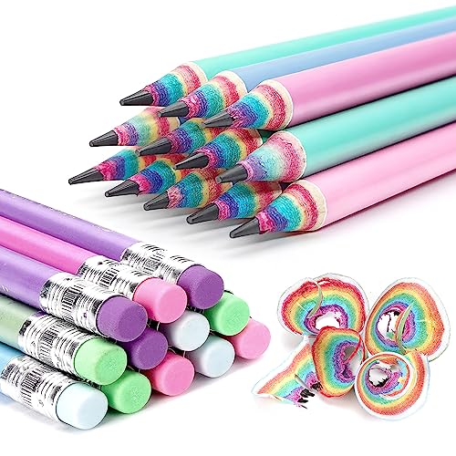 Hanffero Regenbogen Bleistifte, Zeichnung Schreiben Bleistift mit Gummi, Recycelbares Papiermaterial, Vorgespitzt, Für Schule und Büro - Härtegrad HB (12 Stück)1