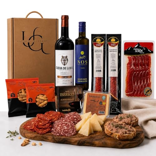UNIVERSO GOURMET | Exklusive Gourmet-Geschenkbox | Rotwein g.U. Rioja | Natives Olivenöl Extra | Iberische Bellota-Wurstwaren | Gran Reserva Schinken & Schafskäse | Perfektes Geschenkset | Präsentkorb
