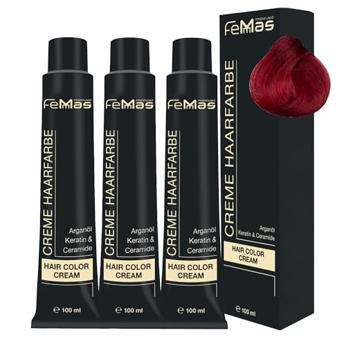 FemMas Haarfarbe Pure & Mix 3x Rot I Creme Haarfarbe mit Arganöl, Keratin & Ceramiden I Als dauerhafte Haarfärbung oder Tönung für strahlende, haltbare Farbergebnisse I 100 ml
