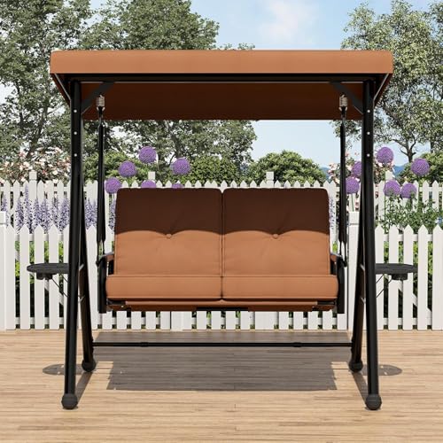 RBFGYIOP Gartenschaukel für 2 Personen, mit Vordach und weicher Polsterung, Doppelsitzer, Gestell aus Eisen, mit Sonnendach, gepolsterter Sitz, komfortabel, Design für den Innenhof (Braun)