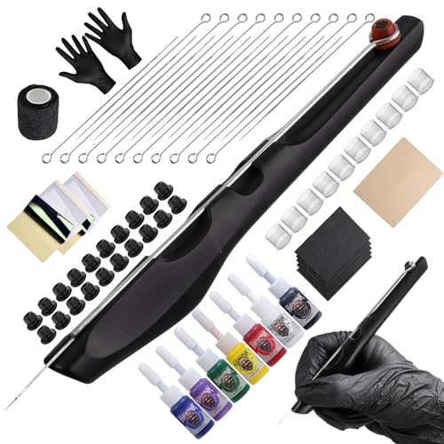 HAWINK Hand Poke und Stick Tattoo Set DIY Stifte Tool mit 7 Tattoo Farbe 20PCS Tattoo Nadeln Zubehör für Tattoo-Liebhaber Black GK-HW803TN01EU-1