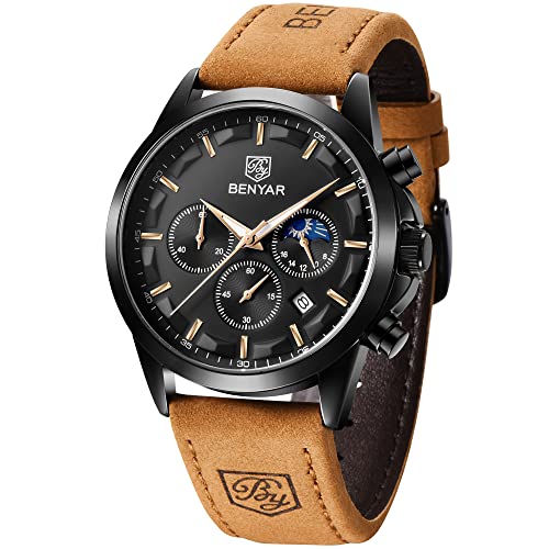 BENYAR by Uhren Herren Armbanduhr Herren Chronograph Analog Quarz Wasserdicht Braunes Lederarmband Herrenuhr Leuchtende Datum Mode Lässig Business-Kleid Uhren Elegantes Geschenk fur Männer