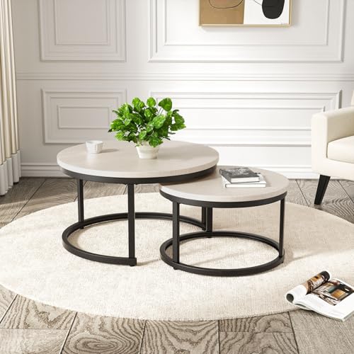 Hawthyhome 2 Stücke Beistelltisch Set rund, Couchtisch aus Holz mit Metallrahmen,Moderne Kaffeetische Satztische für Wohnzimmer Schlafzimmer Hellbeige