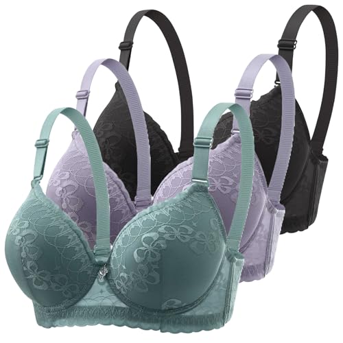 3er Pack Klassische Spitzen BHS Damen mit Bügel Sport Push Up BH mit Verstellbarem Bustier Komfort Nahtlos BH Set Gepolstert Frauen Sexy Trainings-BH für Alltag Yoga Fitness