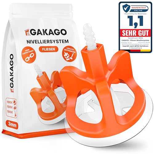 Gakago Fliesen Nivelliersystem 300-tlg. Set 3mm - Verlegehilfe für ein perfektes Fugenbild - Überlegene Reichweite für Fliesenstärken 3-18mm - Fliesenschutz durch Schon-Unterlegscheiben