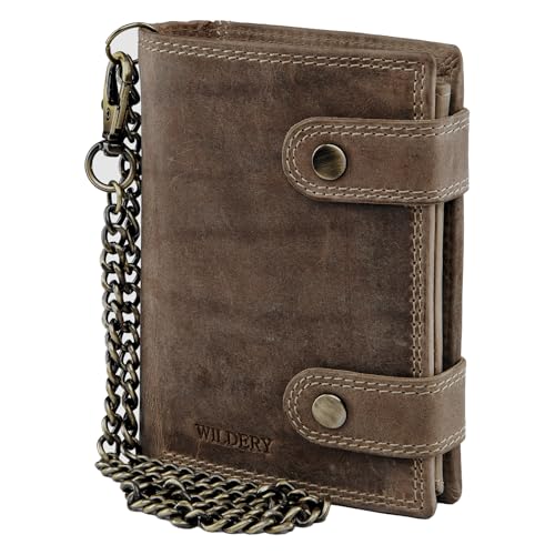 Wildery® RFID Biker Geldbörse mit Kette I Geldbeutel mit Kette Männer I Portemonnaie mit Sicherheitskette I Bikerkombibörse Hochformat I Männer Geschenke /#Vintage Chain WI110 (Dunkel Braun)