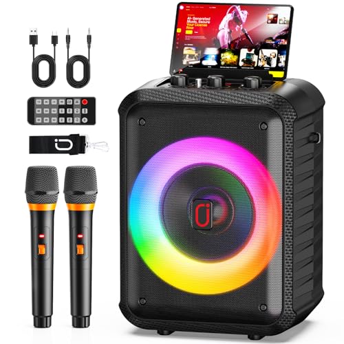HWWR Karaoke Maschine mit 2 Mikrofonen, Tragbare Bluetooth 5.3 Karaoke Anlage mit RGB-Lichtern, Unterstützt TF-Karte/USB/AUX/TV, PA-System für Home-Partys, Erwachsene und Kinder