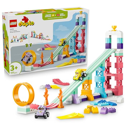LEGO DUPLO Town Kreative Sprungschanzen mit kleinen Flitzern 3-in-1-Set - Lernspielzeug zur Motorik Förderung - Montessori Spielzeug mit 2 Rennwagen - Geschenk für Kleinkinder ab 3 Jahren - 10478