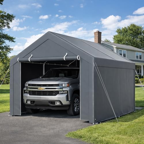 Jaxguom Zeltgarage Carport 3x4m Garagenzelt mit wetterfester PE Plane, Winterfest, Wasserdicht mit 2 Seitenwänden und 10 Heringen, UV-Schutz Lagerzelt Gerätehaus für Auto, SUV, Boot