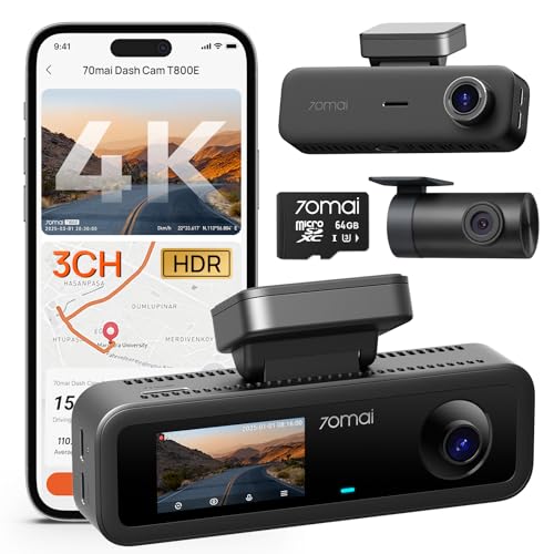 70mai T800E 4K Dashcam Auto 3-Kanal, 4K+1080P+1080P Vorne Hinten Innen 3 Channel Autokamera mit HDR F1.55, IR Nachtsicht, Parküberwachung 24H, GPS, G-Sensor, WiFi 6, Superkondensator mit 64GB SD Karte