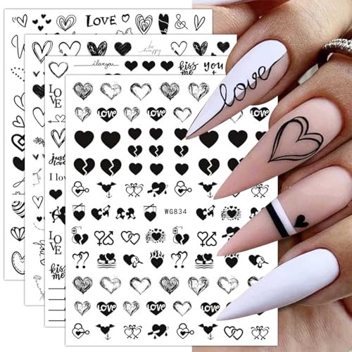 8 Blatt Nagelsticker Valentinstag Nagelaufkleber Selbstklebend Liebhaber des schwarzen Herzens Nail Art Sticker Dekoration Nageldesign Zubehör