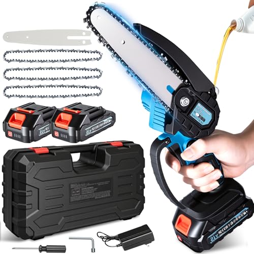 Olubfdh Mini Kettensäge mit Akku 4000mAh, 6 Zoll Mini Kettensäge Elektro mit Automatischer Öler und 2 × 2000mAh Akku, Handkettensäge Akku für Gartenscheren Astschere Holzschneidenz (Blau)