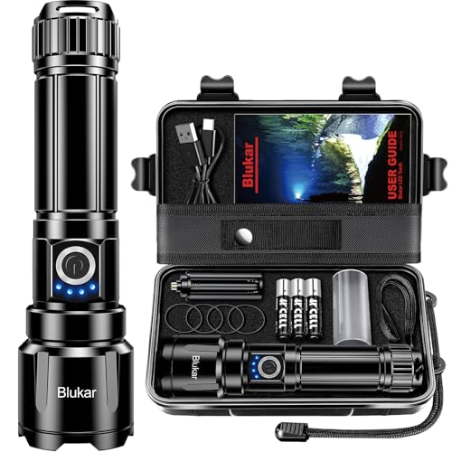 Blukar Taschenlampe LED Aufladbar, 500000 Lumen Extrem Hell Zoombare Taktische Taschenlampen Starke mit 5 Lichtmodi, IP67 Wasserdichte Flashlight Torch für Camping, Wandern, Outdoor, Angeln, Notfäll