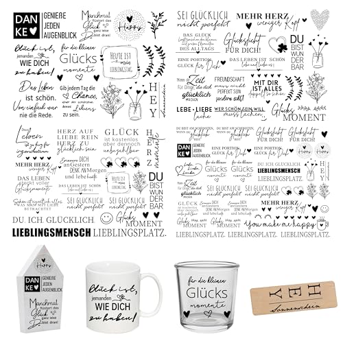 FloraVigo Rub On Sticker ca.A5 19x14cm-Spruch Deko zum Geburtstag, Keraflott, Hochzeit, Zuhause, Wischfolie für Möbel, Glas, Holz, Fotoalbum, DIY Deko, Aufkleberästhetik(4PCS) (SCHÖNE SPRÜCHE)