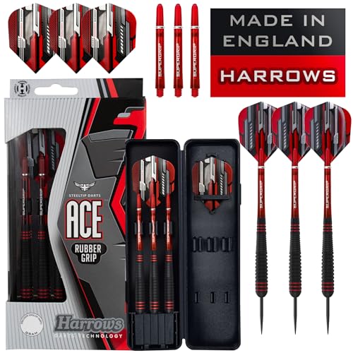 Harrows Ace Rubber Black Darts | Steel Darts Set with Carry Case | 20g, 22g, 24g & 26g | Includes Supergrip Shafts and 100 Micron Marathon Flights-20g