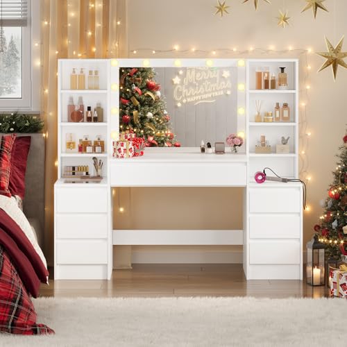 Schminktisch mit Beleuchtung, 3 Lichtfarben, Einstellbare Helligkeit, Kosmetiktisch mit Steckdosen, Frisiertisch mit 7 Schubladen, 8 offene Fächer, Schminktisch mit Spiegel, Verstellbare Ablagen, Weiß