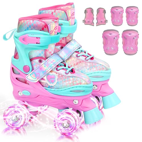 Sportneer Rollschuhe Kinder Mädchen, EU 23-36 Rainbow Rollschuhe Kinder 4 Größen Verstellbar mit SchutzausrüStung, Roller Skates Kids für Anfänger Weihnachts und Geburtstags Geschenke