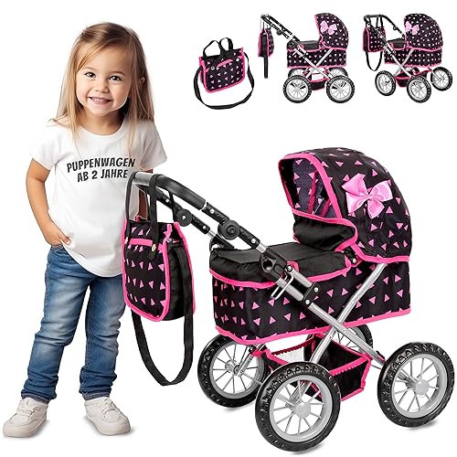 Kinderplay Puppenwagen für Kinder – Leicht & Stabil – Griff höhenverstellbar 33–63 cm – Für Puppen bis 41 cm – Leise Schaumräder – Waschbarer Stoff – Klappbares Verdeck