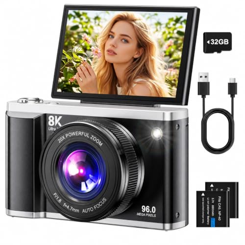 Digitalkamera 8K 96MP mit WLAN, 20X Digitalzoom, Autofokus-Fotokamera mit Anti-Shake, 3,5'' 180° Klappdisplay Kompaktkamera mit 32GB SD-Karte & 2 Akkus für Jugendliche, Erwachsene und Einsteiger