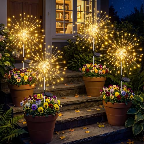 btfarm solarlampen für außen, 4 Stück 120 LED Solarstecker Garten 8 Modi, Wetterfest Gartendeko Pusteblume Solarleuchten für Außen Garten Balkon Terrasse Blumenkästen Hof Deko (Warmweiß)
