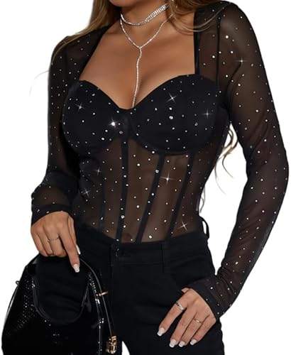 Sukiglam Body Damen Langarm Glitzer Bodys Sexy Netz Bodysuits Durchsichtige Langarmbody Figurenformend Oberteile Elegant Thong Bodysuit Herzförmiger Ausschnitt Tops Eng Sparkle Blusenbody für Club