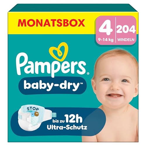 Pampers Baby-Dry Größe 4, 204 Windeln, 9kg-14kg, Bis zu 100% Auslaufschutz & Komfort die ganze Nacht