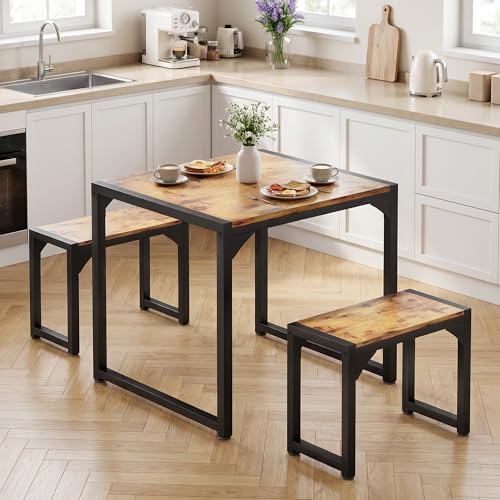 Blishom Esstisch mit 2 Bänken, 3-teiliges Esstisch-Set, Küchentisch 65x65x76cm, 2 Bänke je 30x50x45cm, kompaktes Esstisch-Set aus Metallrahmen für Küche & Esszimmer, Retro