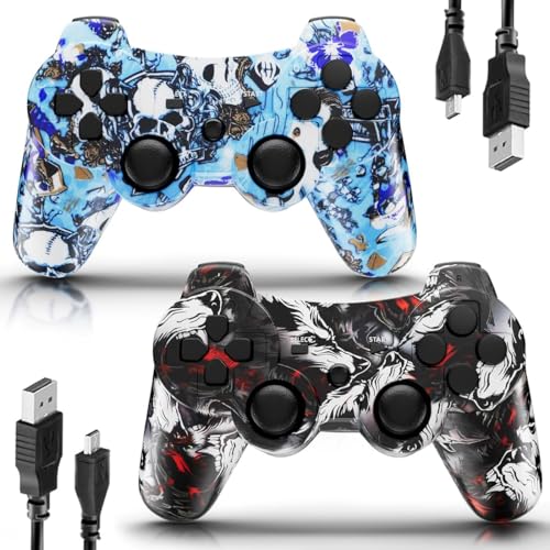 CHENGDAO Controller für PS3, 2 Pack Kabelloser Controller für Playstation 3 mit Double Shock Ergonomie, wiederaufladbarer Gamepad-Joystick mit Ladekabel (Skull & Blue)