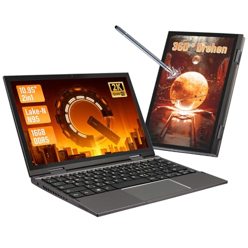 LONGEVINCE Mini Laptop, 10,95 Zoll Ultrabook Laptop, 2000 * 1200 Touch Display, Celeron N95 (bis zu 3,4 GHz),16 GB DDR5,Convertible,QWERTZ Tastatur,Windows 11,2X Type-C,BT 5.0 (Grau, 16G+256G)