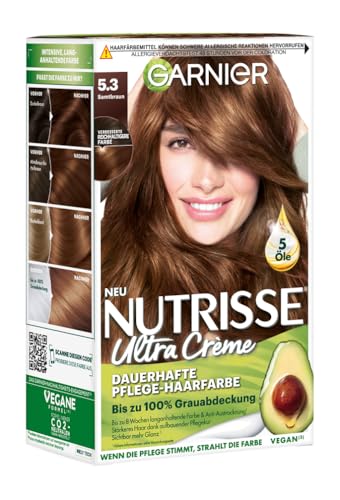 Garnier Nutrisse Dauerhafte Pflege-Haarfarbe mit nährenden Fruchtölen, Coloration mit 8 Wochen Halt, Ultra Crème Tönung, 53 Samtbraun
