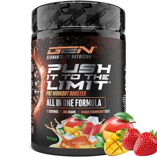 Push it to the Limit - Pre Workout mit L-Arginin + Citrullin + L-Tyrosin + L-Theanin + L-Carnitin + AAKG + Taurin + Rhodiola-Rosenwurz + Koffein - Hochdosiert - 360g - Mango Strawberry Taste