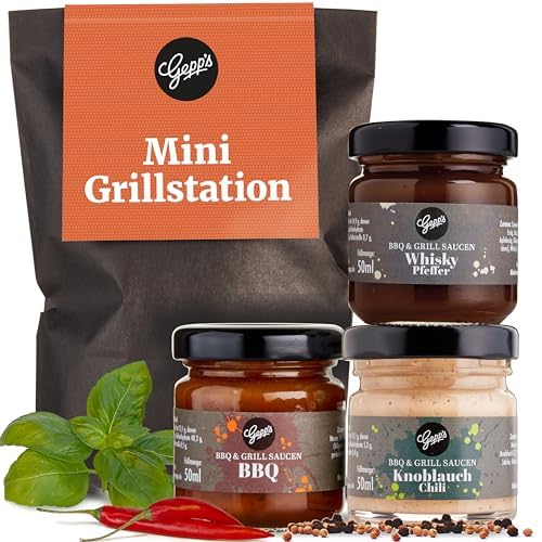 Gepp’s Feinkost Wundertüte Mini Grillstation I Grill-Geschenke für Männer mit BBQ Grillsauce, Whsikey Pfeffer Sauce & Knoblauch Chili Sauce I Grillgewürze Geschenkset