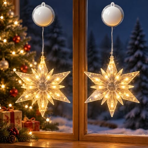 CNMTCCO LED Mehreckige Schneeflocke Licht Weihnachtsbeleuchtung Fenster, 2 Stück Fensterbeleuchtung Weihnachten mit Saugnäpfe & Timer,Dicke Schneeflockenlampe für innen und außen, Weihnachtsdekoration