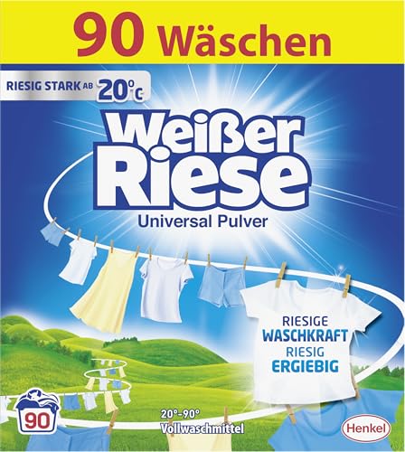 Weißer Riese Universal Pulver (90 Waschladungen), Vollwaschmittel mit riesiger Waschkraft schon ab 20° C, riesig ergiebiges Waschpulver, ideal für Familien mit Kindern