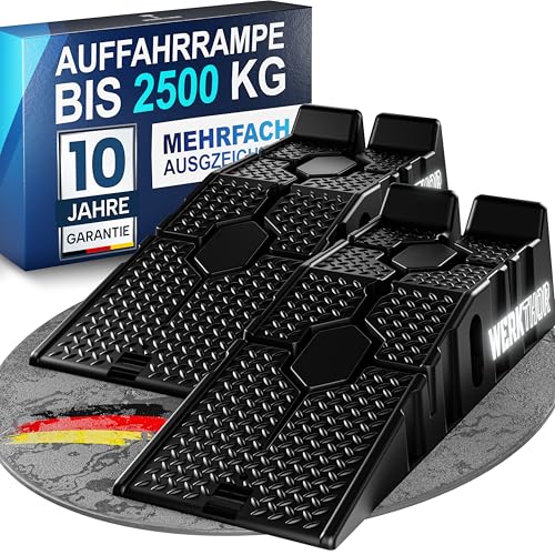 WERKTHOR Auffahrrampe PKW - [2er Set] Auffahrrampen für Maximalen Halt - Robuste Hebebühne Auto für Jeden Untergrund [2,5T] - Perfekt für Fahrzeuge (bis 2.500 kg) - HDPE-Kunststoff