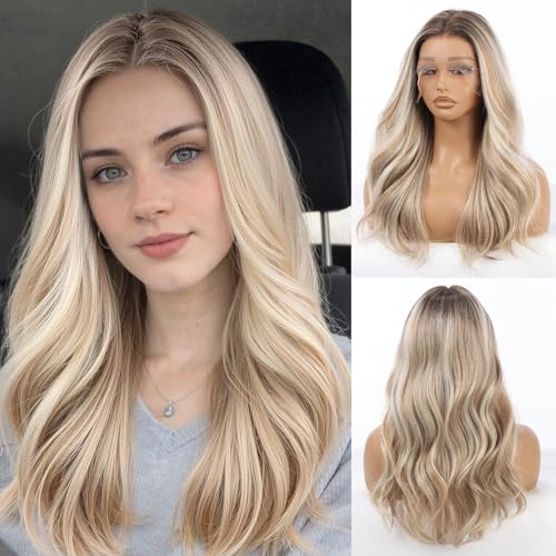 Allbell Synthetische Lace-Front-Perücke für Damen, Braun-Blond gemischt, 13×6 lange lockige Perücke mit natürlichem, kleberlosem Haaransatz, 22 Zoll für den Alltag