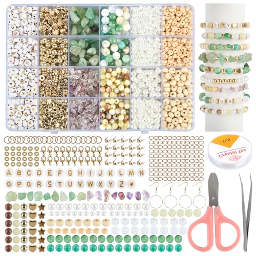 ZEFAN 1446 Stück Gemischte Edelstein Perlen Set, Edelsteine zum Auffädeln, Mode Edelstein Perlen für Armbänder, Perlen zum Auffädeln mit Holzperlen und Buchstabenperlen für Schmuckherstellung
