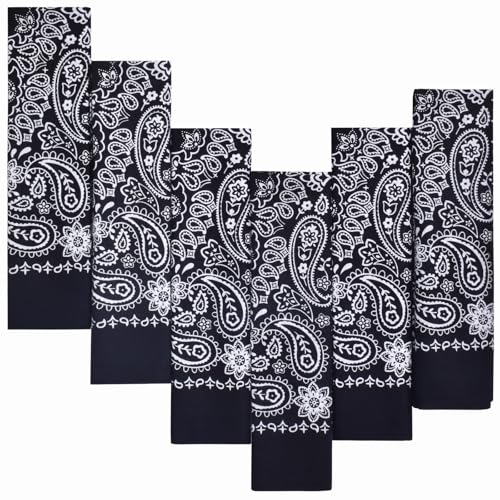 Every-ville 6er Pack Baumwoll-Bandanas für Damen & Herren - Geschenkverpackung, 55x55 cm, Paisley-Muster, doppelseitig, Schwarz - Cowboy/Cowgirl-Accessoire als Halstuch, Kopftuch oder Tuch​​
