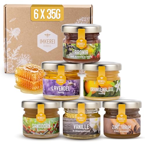 Imkerei Schell - Honig Geschenkset (6x35 g) Die Exotischen - Honigset ideal zum Verschenken oder Probieren - Mini Honiggläser gefüllt mit Akazienhonig, Lavendelhonig, Honig mit Zimt